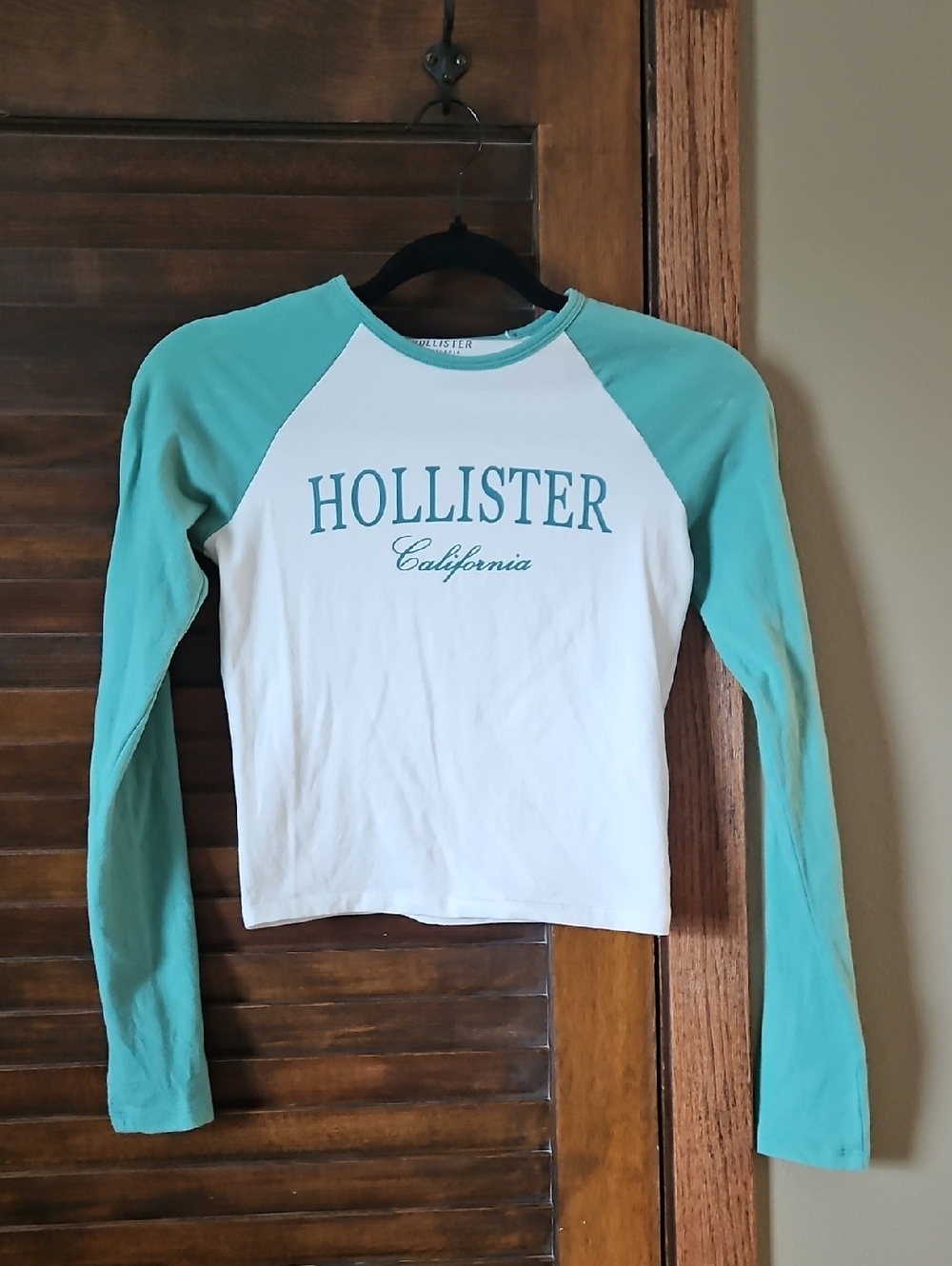 Hollister White Tee with Teal Raglan Sleeves